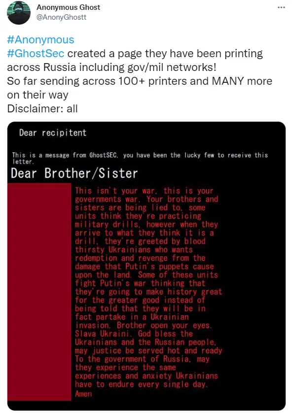 Zdjęcie Grupa hakerska GhostSec opanowała rosyjskie drukarki. Zdalnie drukują apele o wojnie! #2