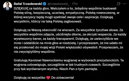 Zdjęcie Rafał Trzaskowski przerwał milczenie po przegranej! Ma dla Nawrockiego jedną radę #1