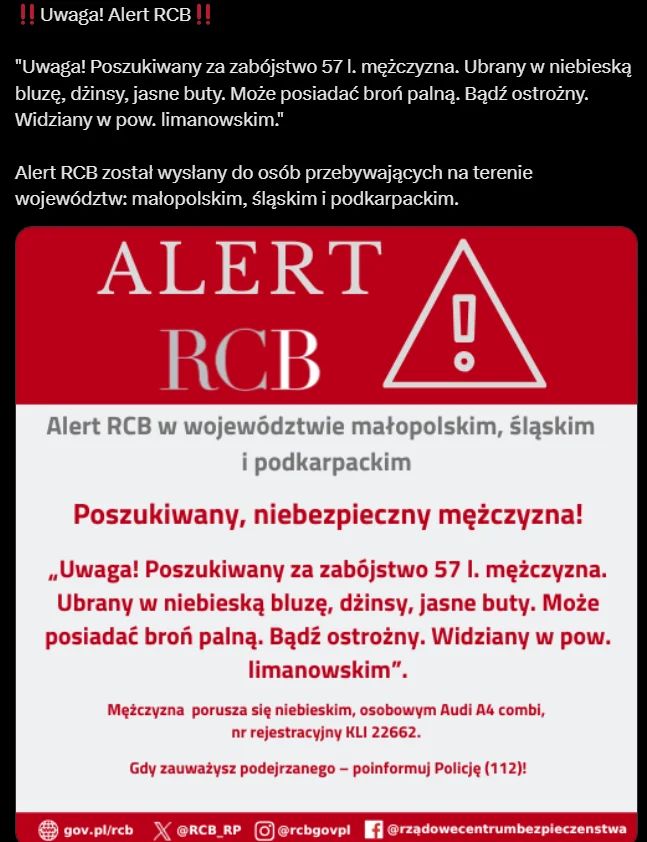 Zdjęcie PILNE: Do mieszkańców Polski rozesłano alerty RCB po dramatycznych wydarzeniach! Mężczyzna nadal na wolności - "Bądź ostrożny" #1