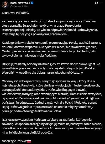 Zdjęcie Pierwszy wpis nowego prezydenta! Karol Nawrocki w osobistym i mocnym przekazie zapowiada: "Nie odpuszczę" #1