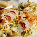 Jogurtowe tagliatelle z czosnkiem, brokułami i kurczakiem.
