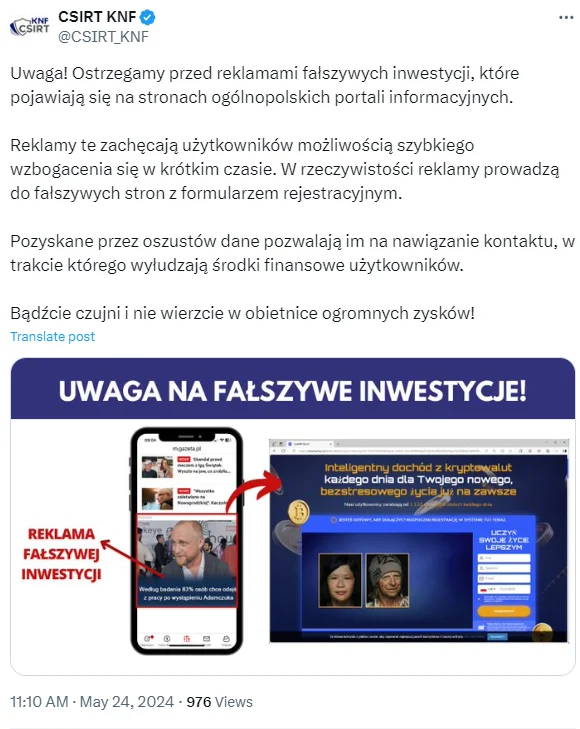 Zdjęcie Wizerunek papieża i polskiego aktora wykorzystany do oszustwa! CSIRT KNF wydał komunikat #1