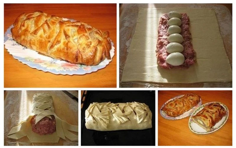 Pieczeń - mięso mielone, jajka i ciasto francuskie