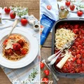 Makaron z pomidorami zapiekanymi z białą kiełbasą