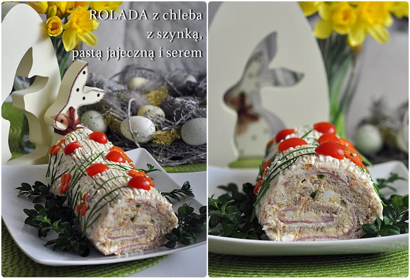 Rolada z chleba z szynką, pastą jajeczną i serem