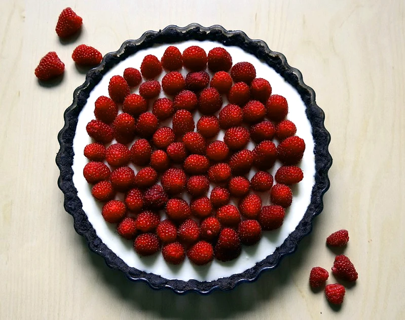 Tarta z panna cottą i malinami