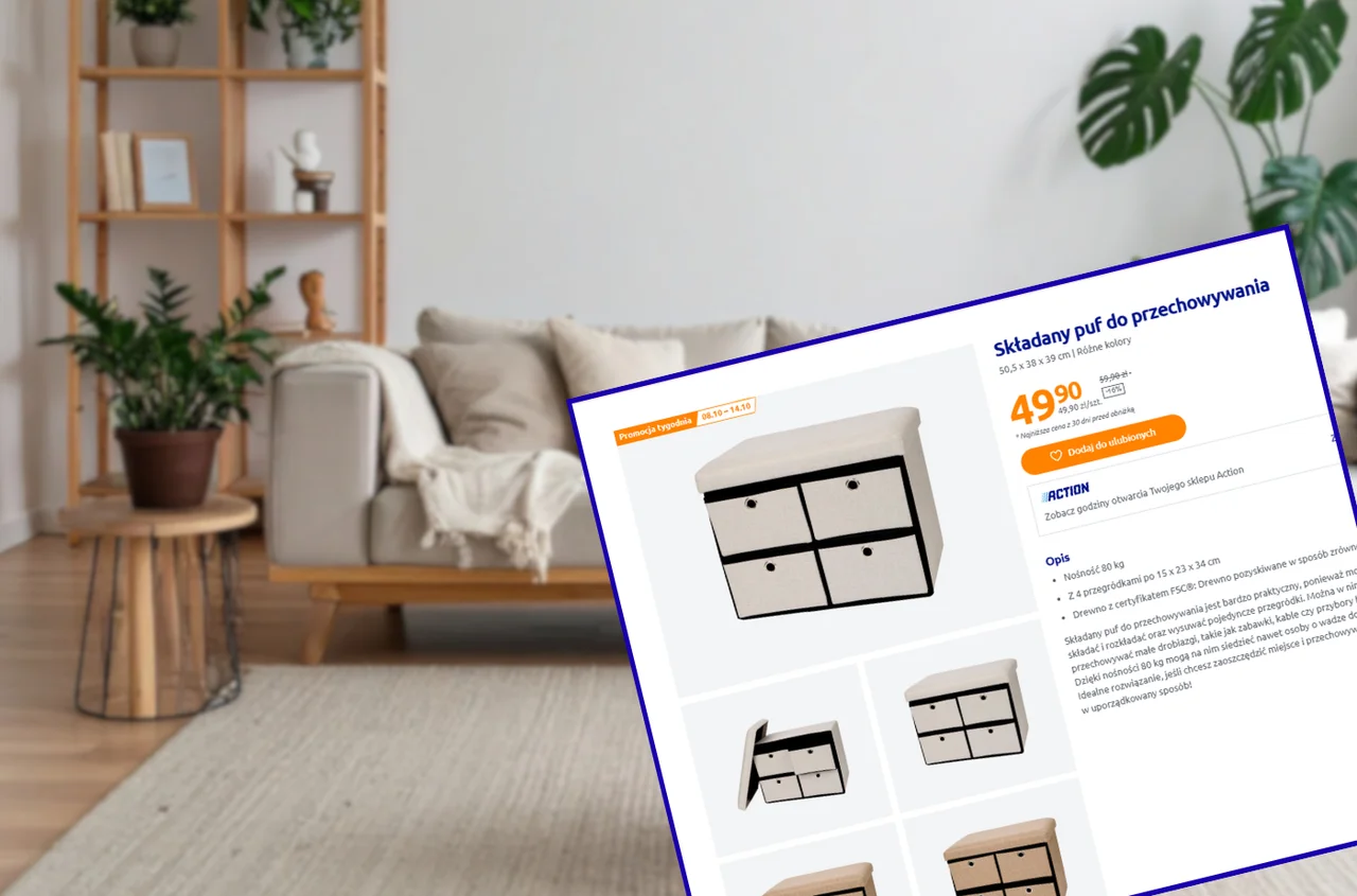 Ta stylowa pufka z Action za 49,90 zł to nowy hit do mieszkania! Składana, aż 4 szufladki i dodatkowe siedzisko dla gości
