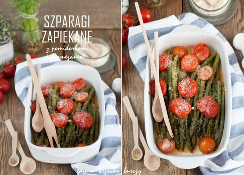 Szparagi zapiekane z pomidorkami koktajlowymi i parmezanem