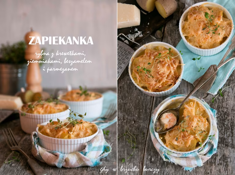 Zapiekanka rybna z krewetkami i ziemniakami