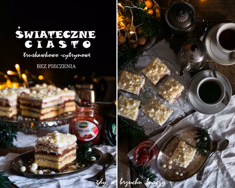 Świąteczne ciasto truskawkowo – cytrynowe bez pieczenia