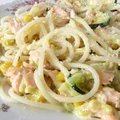 Spaghetti z łososiem w sosie serowym