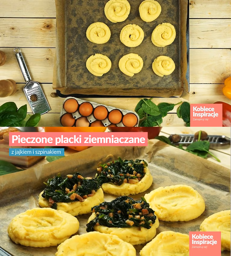Pieczone placki z ziemniaków z jajkiem i szpinakiem