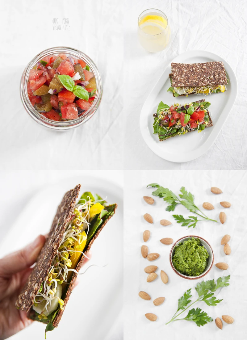 Odżywcze śniadanie. Surowe chlebki z pesto i salsą