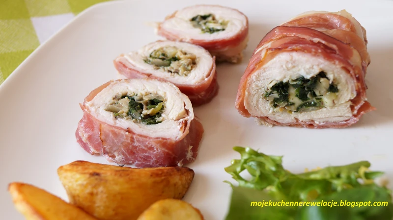 Roladki schabowe ze szpinakiem, pieczarkami i mozzarellą