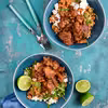 Bulgur z pieczarkami, serem feta i rukolą oraz udka duszone w sosie teriyaki