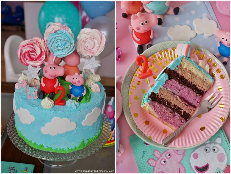 Tort porzeczkowo-czekoladowy z ozdobami z masy cukrowej w stylu Peppa