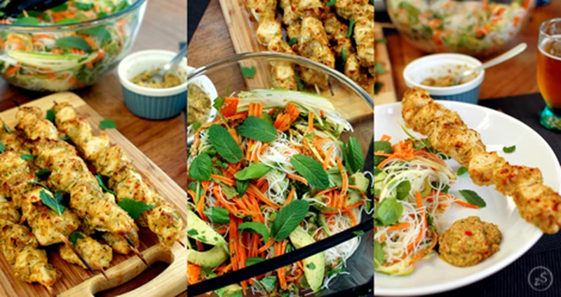 kurczak satay z sałatką makaronową