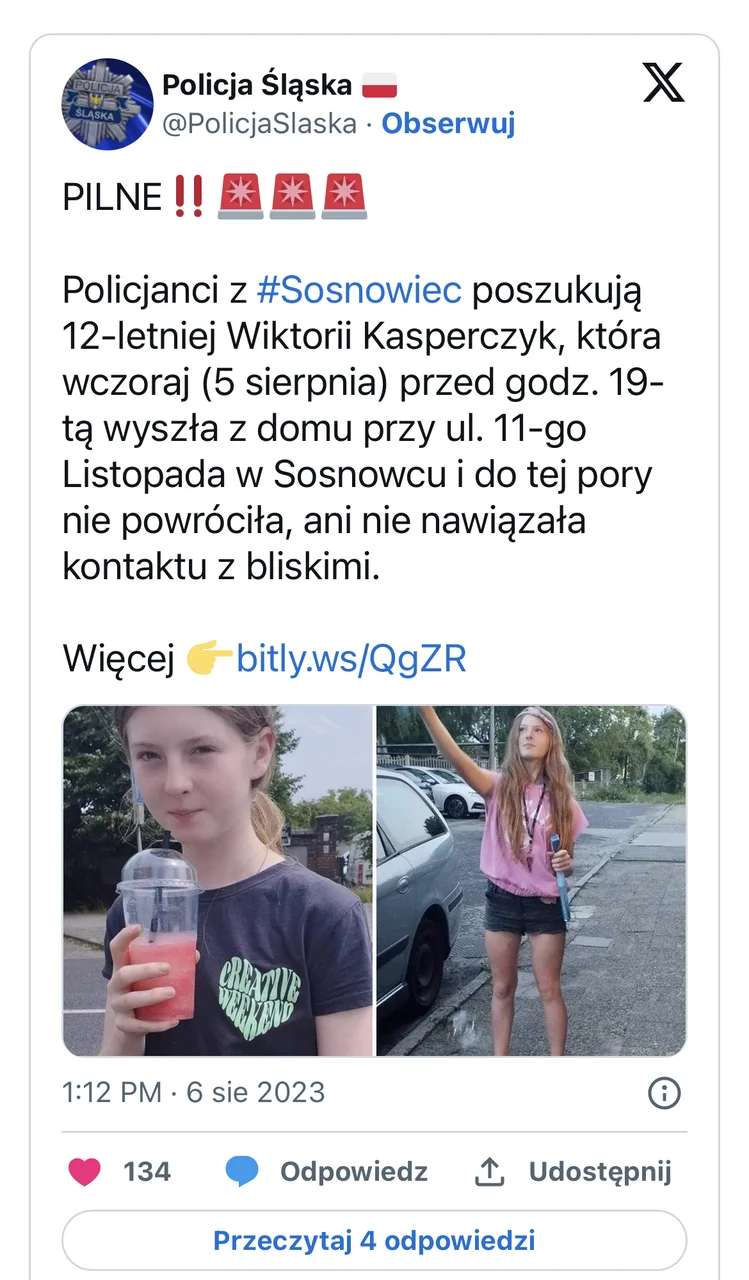 Zdjęcie Alarm CHILD ALERT uruchomiony: Zaginęła Wiktoria z Sosnowca. [AKTUALUZACJA 07.08.2023] #1